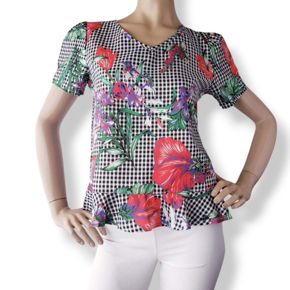 Paradis Miss Floral X Gingham Print Ruffle V-Neck Blouse